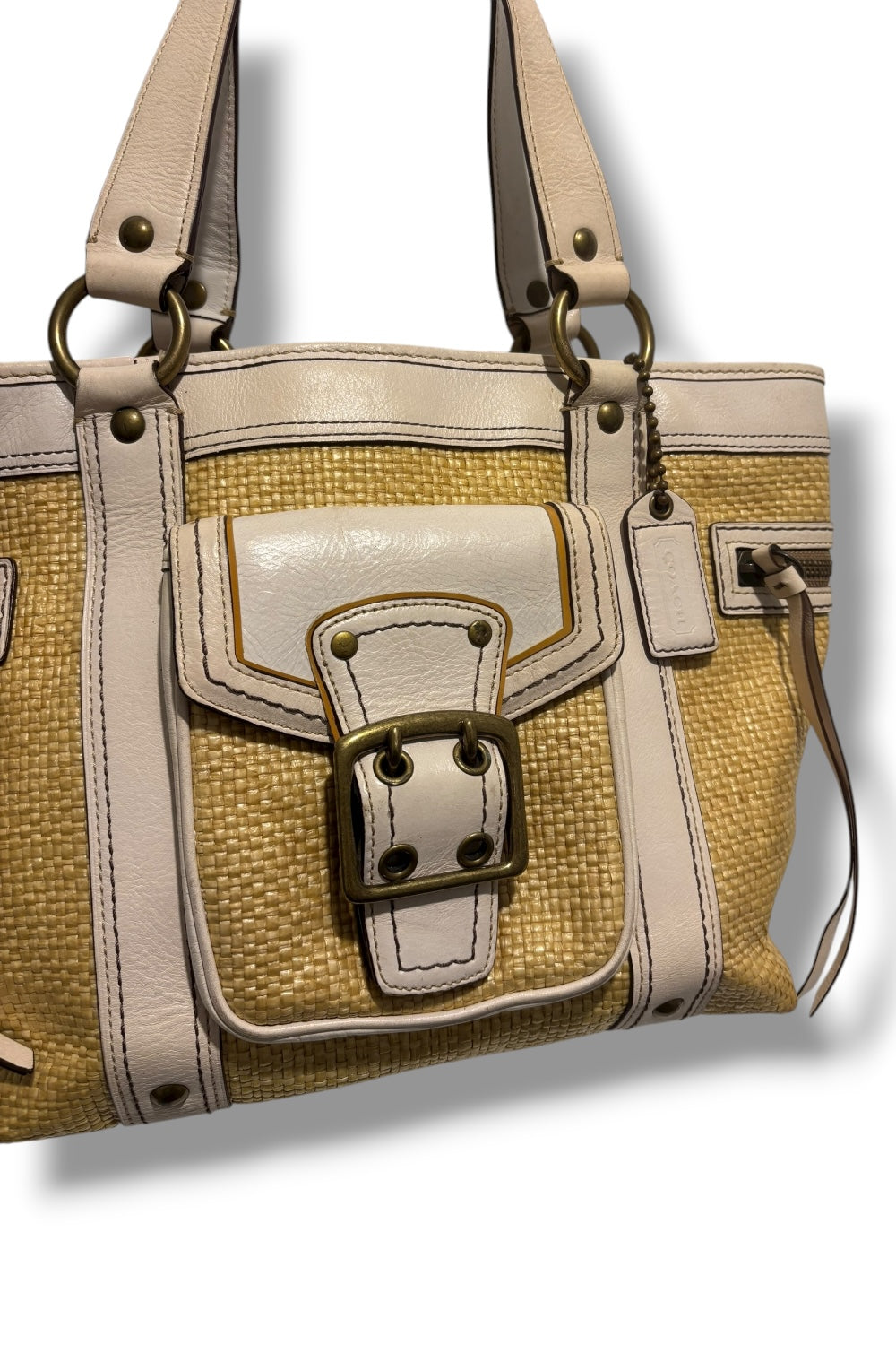 Coach Legacy White / Beige Straw Wicker & Leather Shoulder Bag