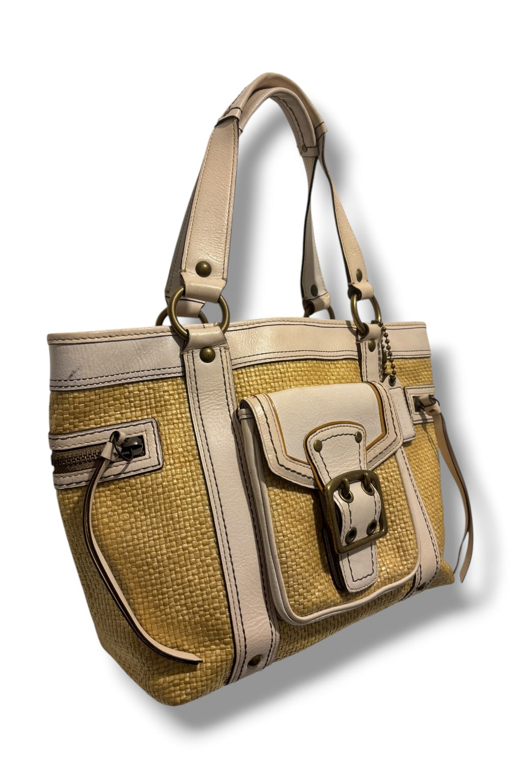 Coach Legacy White / Beige Straw Wicker & Leather Shoulder Bag