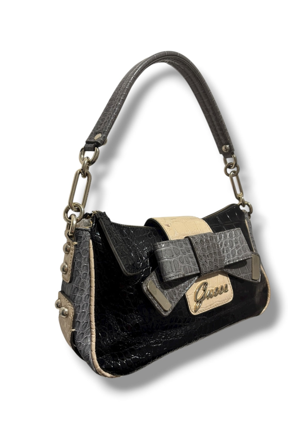 Guess Vintage Black & Blue Bow Studded Croc Leather Embossed Shoulder Bag