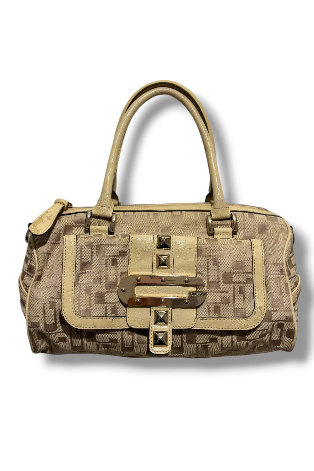 Guess Beige / Cream Signature Large Studded Canvas & Leather PVC Shoulder Bag
