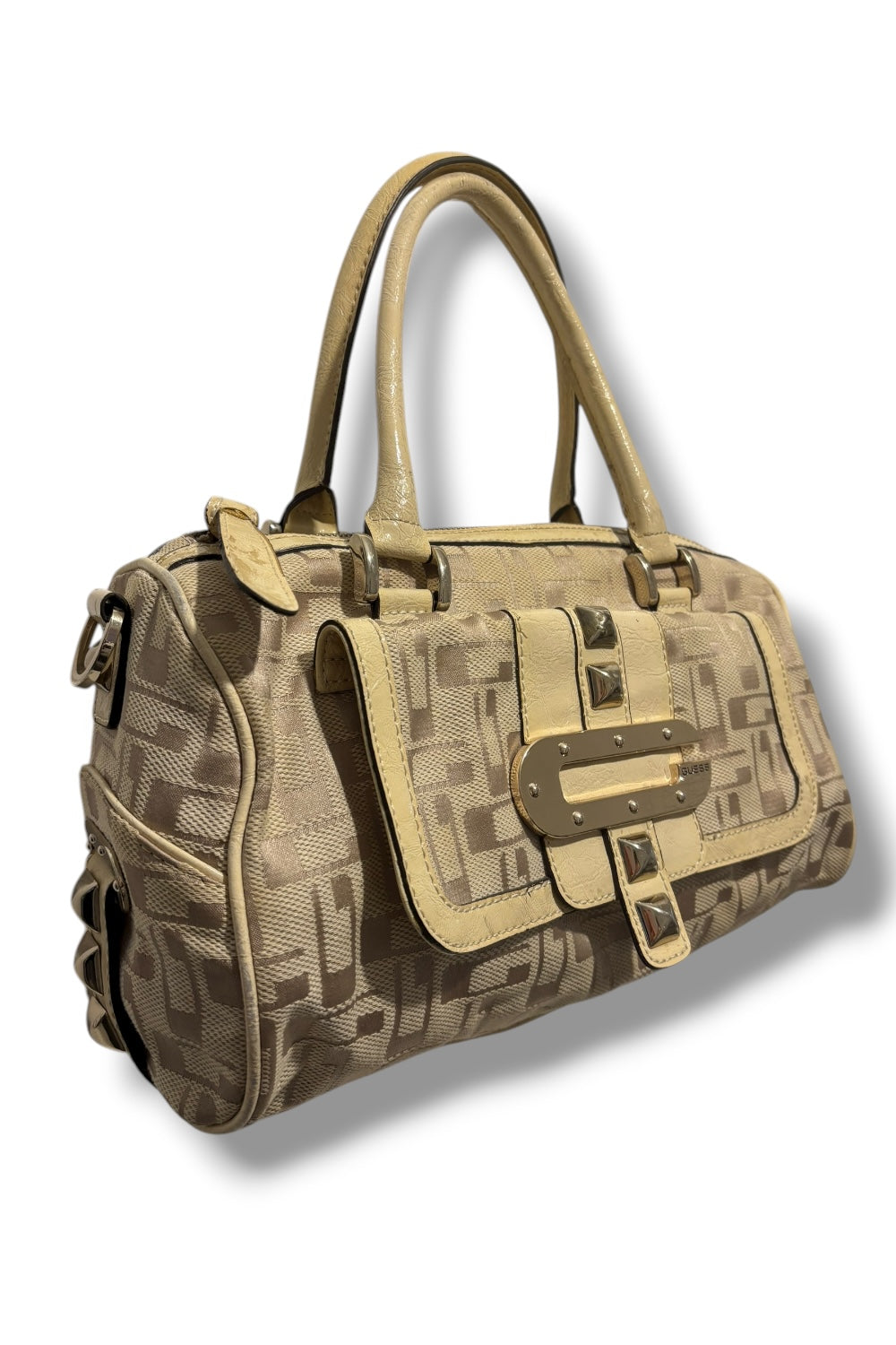 Guess Beige / Cream Signature Large Studded Canvas & Leather PVC Shoulder Bag