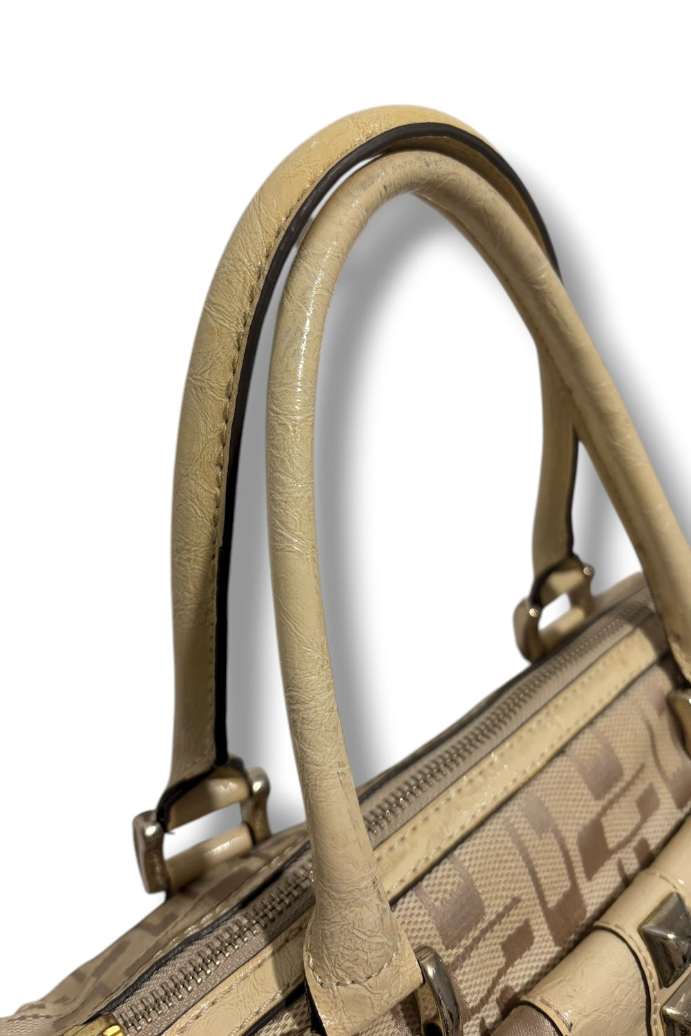 Guess Beige / Cream Signature Large Studded Canvas & Leather PVC Shoulder Bag