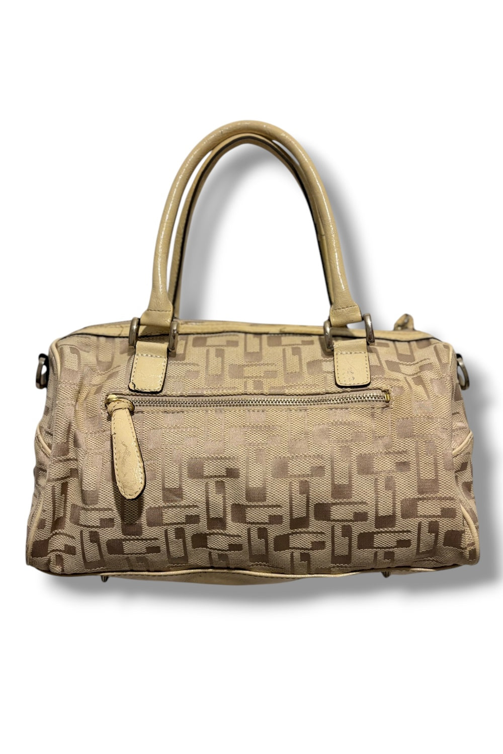 Guess Beige / Cream Signature Large Studded Canvas & Leather PVC Shoulder Bag