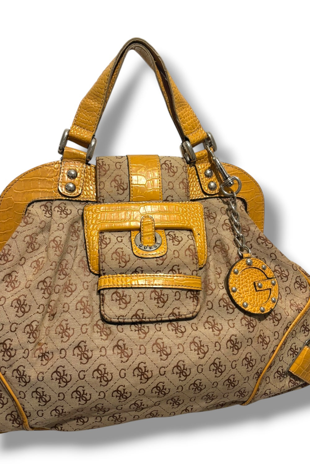 Guess Vintage Beige / Brown Signature Monogram Canvas & PVC 2000's Shoulder Bag