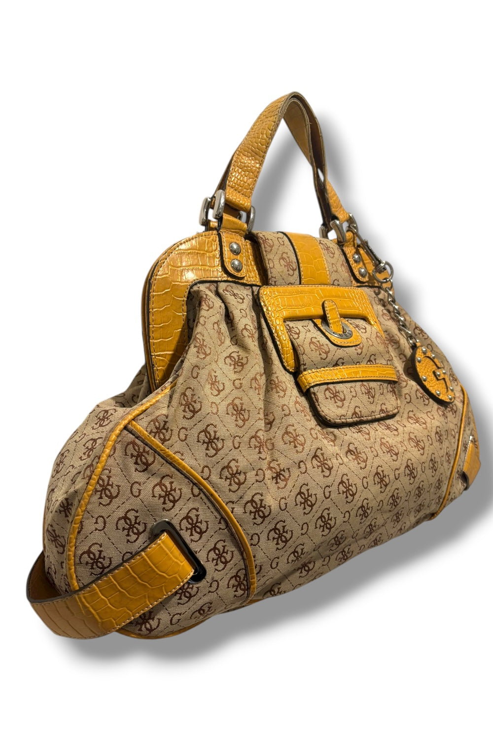 Guess Vintage Beige / Brown Signature Monogram Canvas & PVC 2000's Shoulder Bag