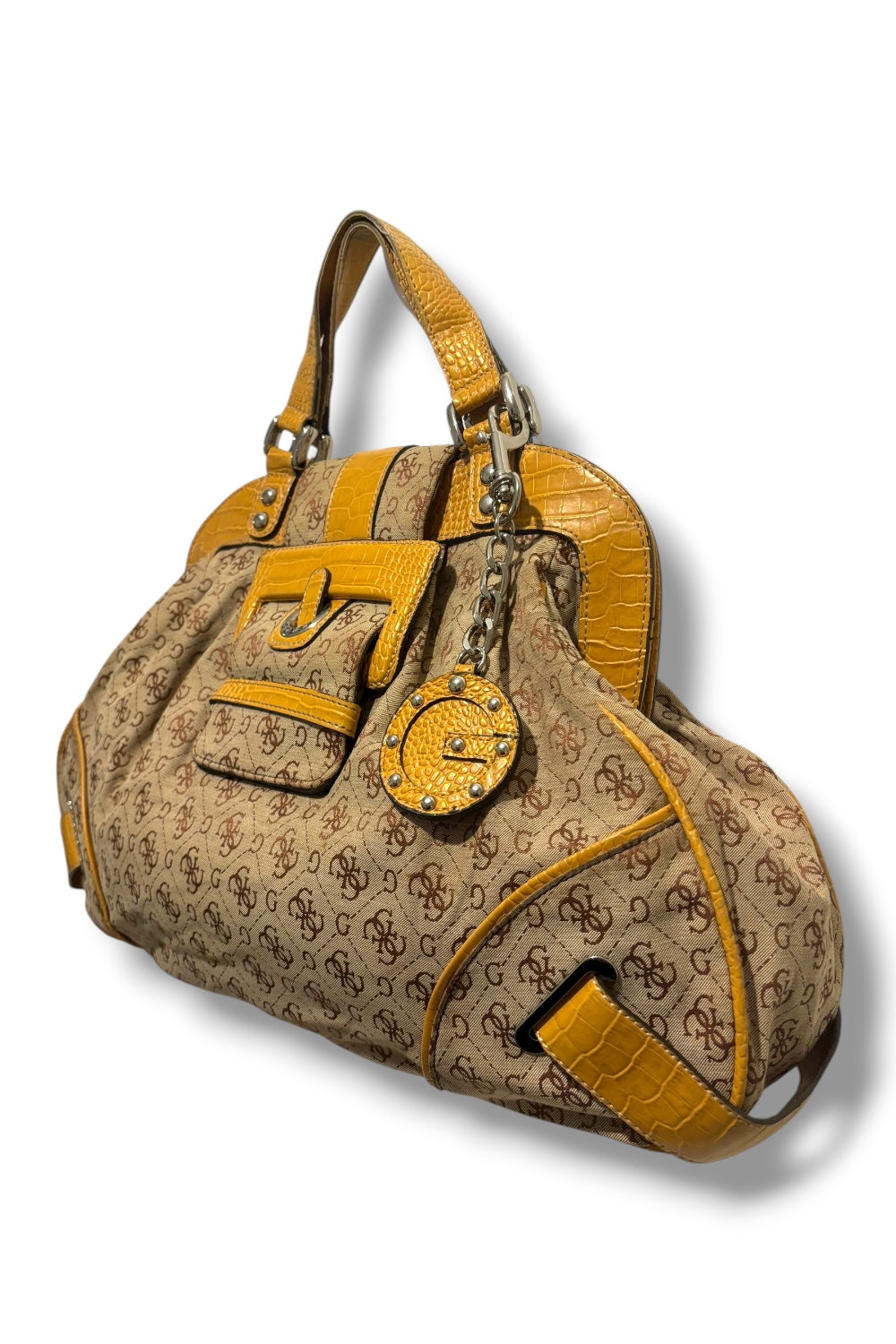 Guess Vintage Beige / Brown Signature Monogram Canvas & PVC 2000's Shoulder Bag