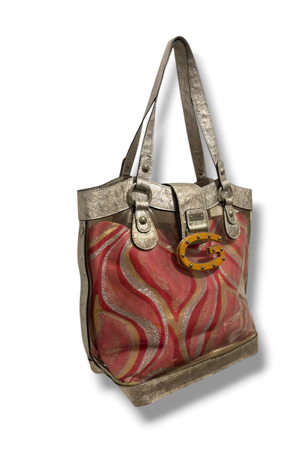 Guess Rare Pink & Silver Vintage Y2K Canvas & Leather PVC Swirl Metallic Shoulder Bag