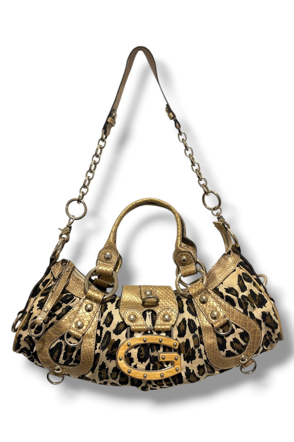 Guess RARE Brown & Gold Snake / Croc Leather PVC & Leopard Print Shoulder Bag
