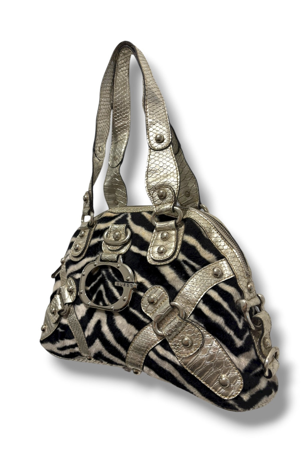 Guess RARE Black & White Zebra Animal Print Faux Fur & Leather PVC Shoulder Bag