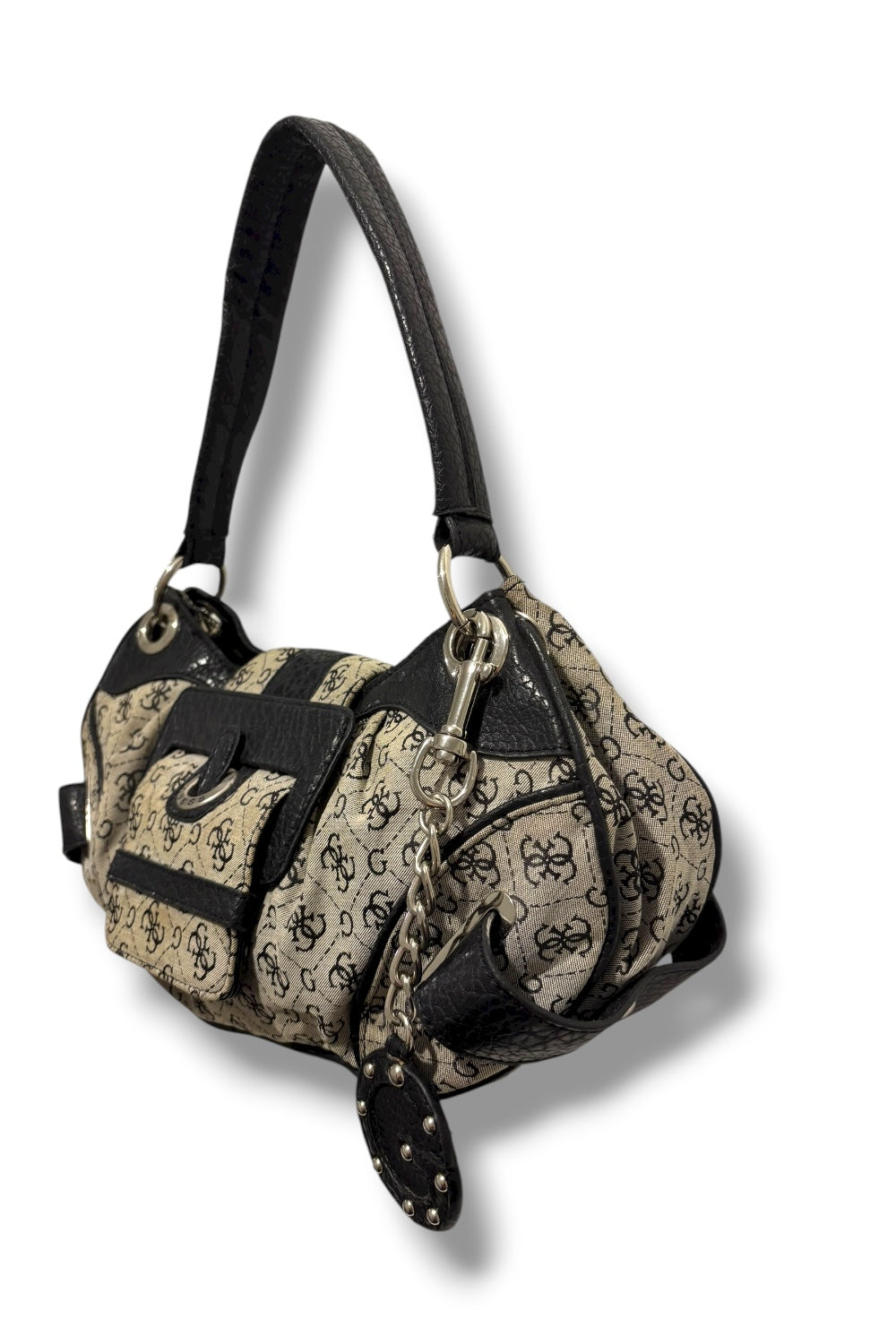 Guess Grey & Black Signature Canvas & PVC Y2K Vintage Hobo Shoulder Bag