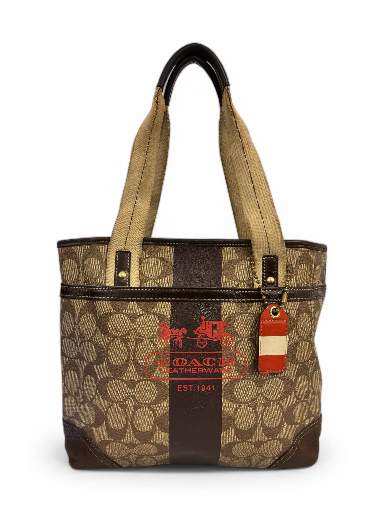 Coach Brown Heritage Signature Stripe Canvas & Leather Vintage Tote Shoulder Bag