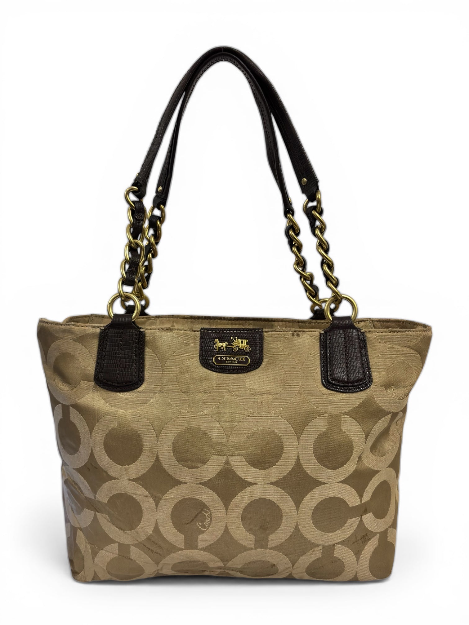 Coach Brown / Beige Madson OP Art Sateen Canvas & Leather Vintage Tote Shoulder Bag