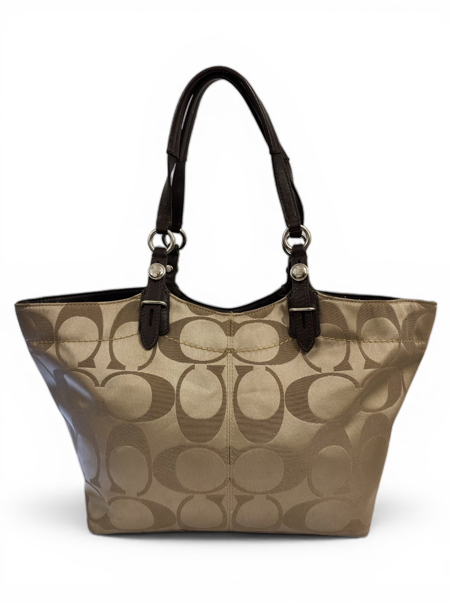 Coach Brown / Beige Signature Sateen Canvas & Leather Khaki Vintage Tote Shoulder Bag