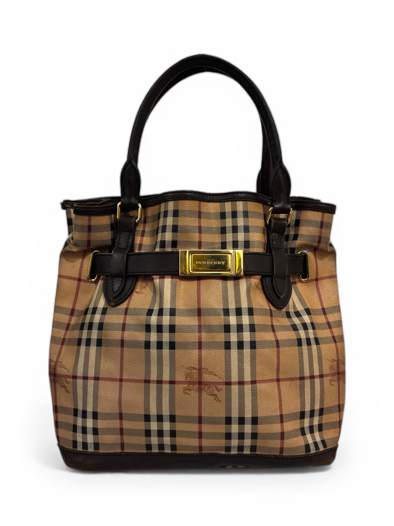 Burberry Brown & Beige Haymarket Golderton Check / Plaid Tote Vintage Shoulder Bag