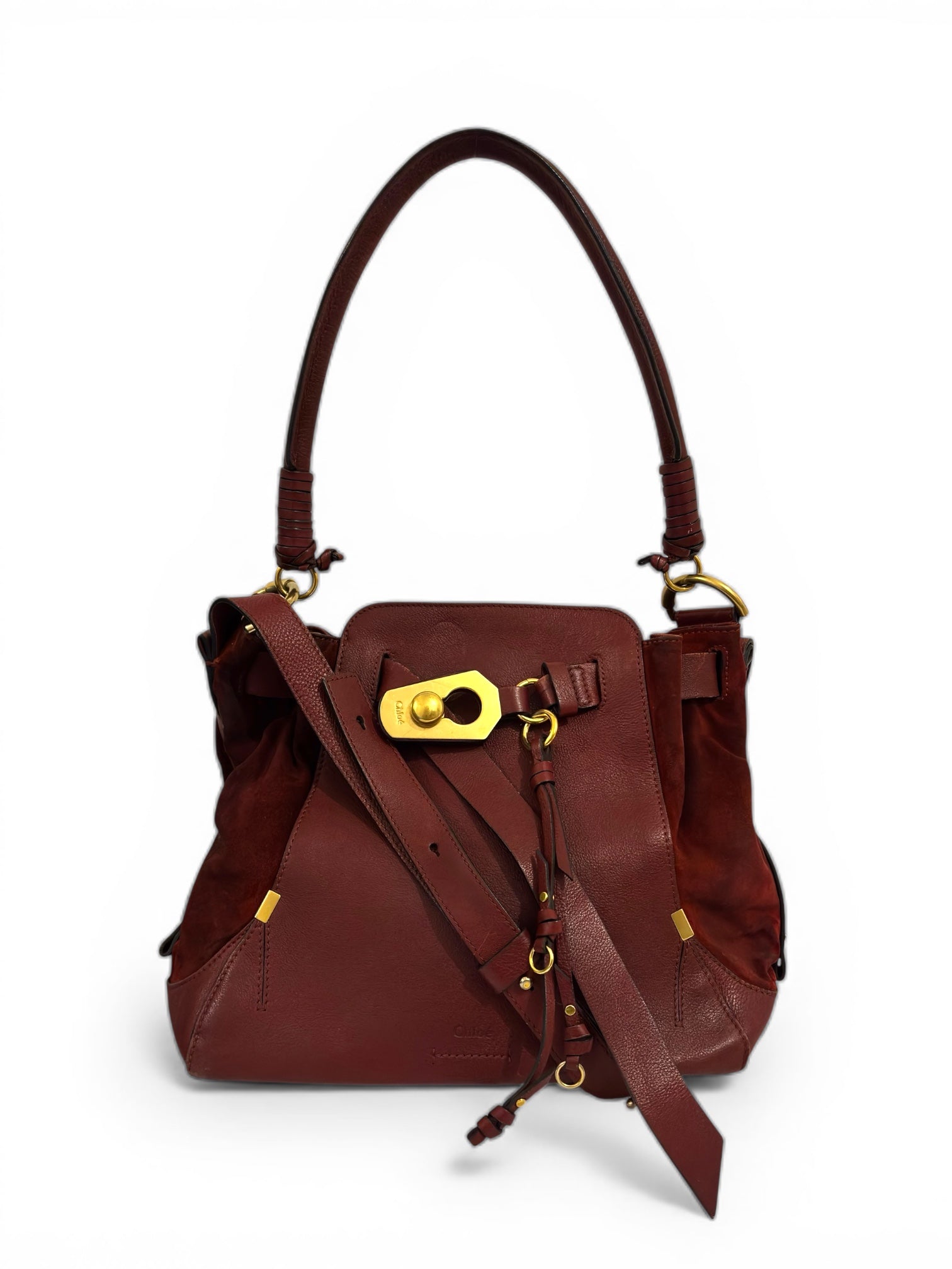 Chloe 'Owen' Rare Burgundy Medium Calfskin Leather & Suede Vintage Bucket Shoulder Bag