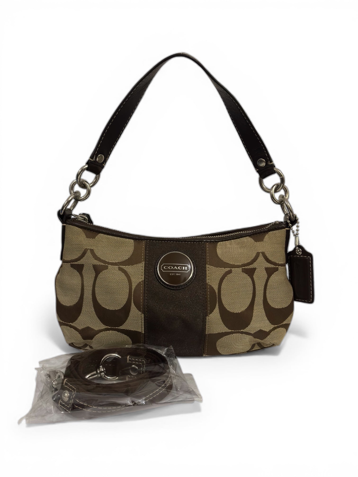 Coach 'Demi' Signature Stripe Brown Pochette Canvas & Leather Vintage Shoulder Bag