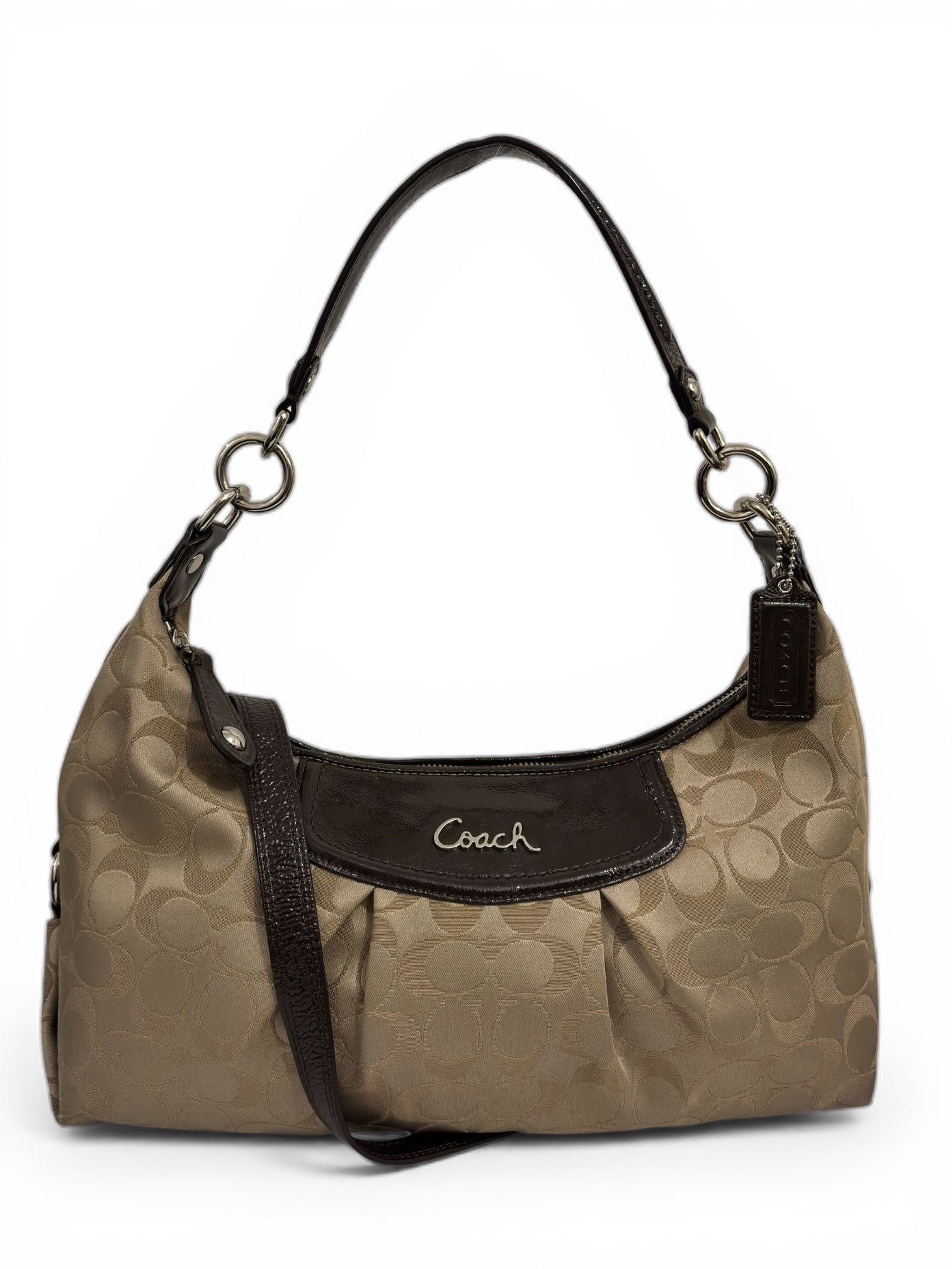 Coach 'Ashley' Signature Brown Khaki Satin Canvas & Patent Leather Hobo Vintage Shoulder Bag