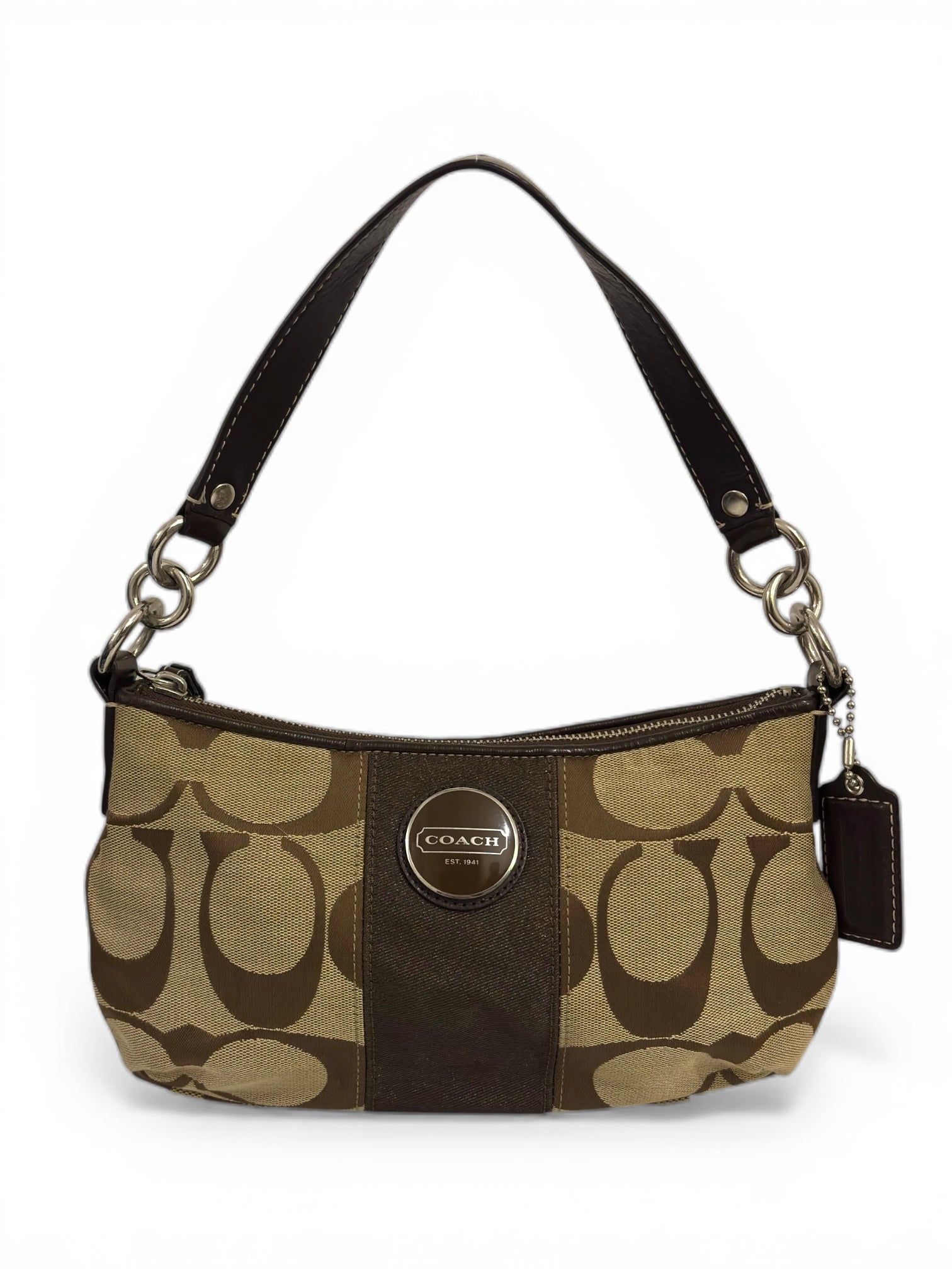 Coach 'Demi' Signature Stripe Brown Pochette Canvas & Leather Vintage Shoulder Bag