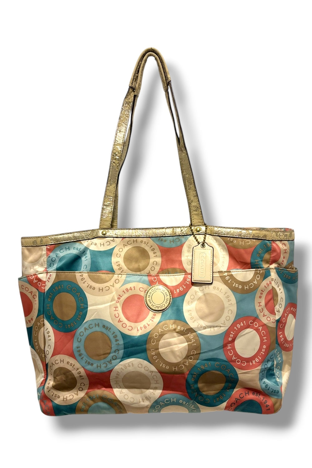 Coach Sateen & Leather XXL Tote / Baby Bag Signature Blue & Pink Shoulder Bag