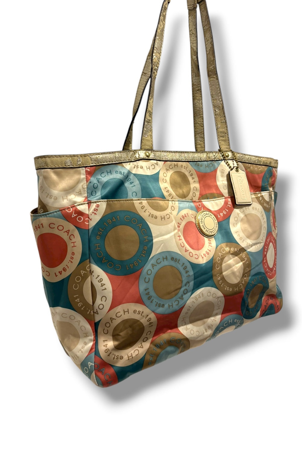 Coach Sateen & Leather XXL Tote / Baby Bag Signature Blue & Pink Shoulder Bag