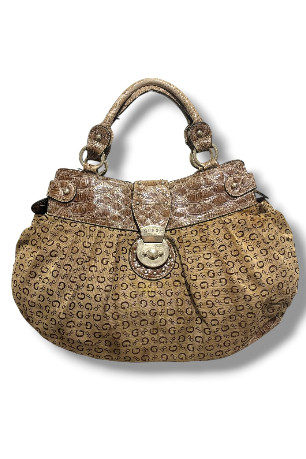 Guess Brown / Khaki Canvas & Leather PVC Croc / Snake Large Shoulder Bag