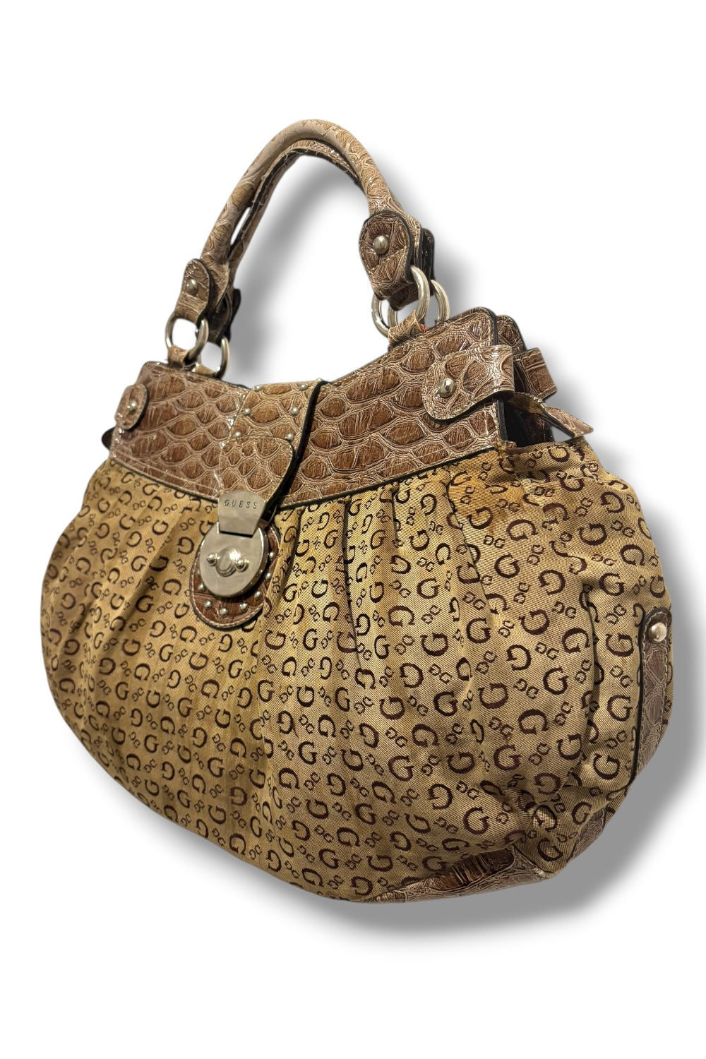 Guess Brown / Khaki Canvas & Leather PVC Croc / Snake Large Shoulder Bag