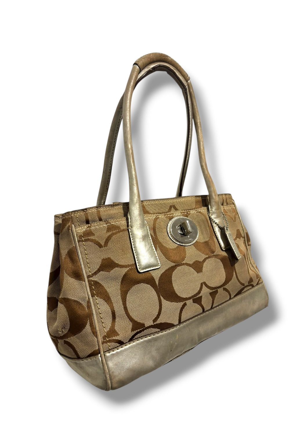 Coach Brown Tan & Gold Hampton Signature Canvas & Leather Shoulder Bag