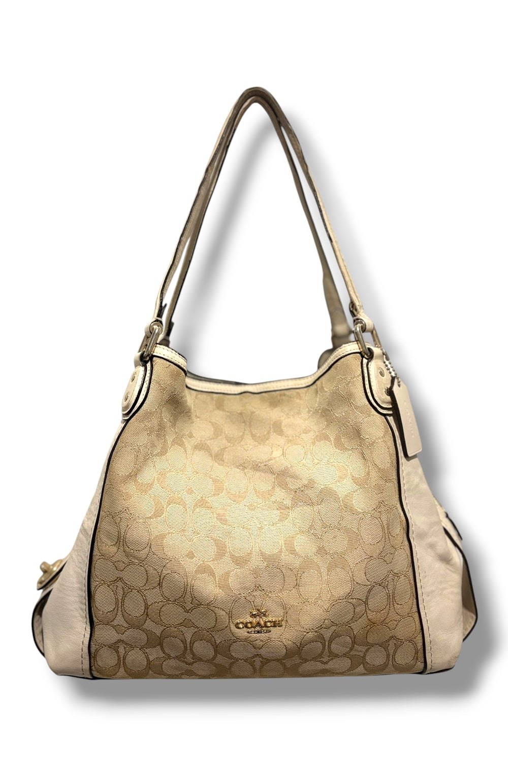 Coach Beige / Khaki & Cream Leather Edie Signature Canvas Large Shoulder Bag