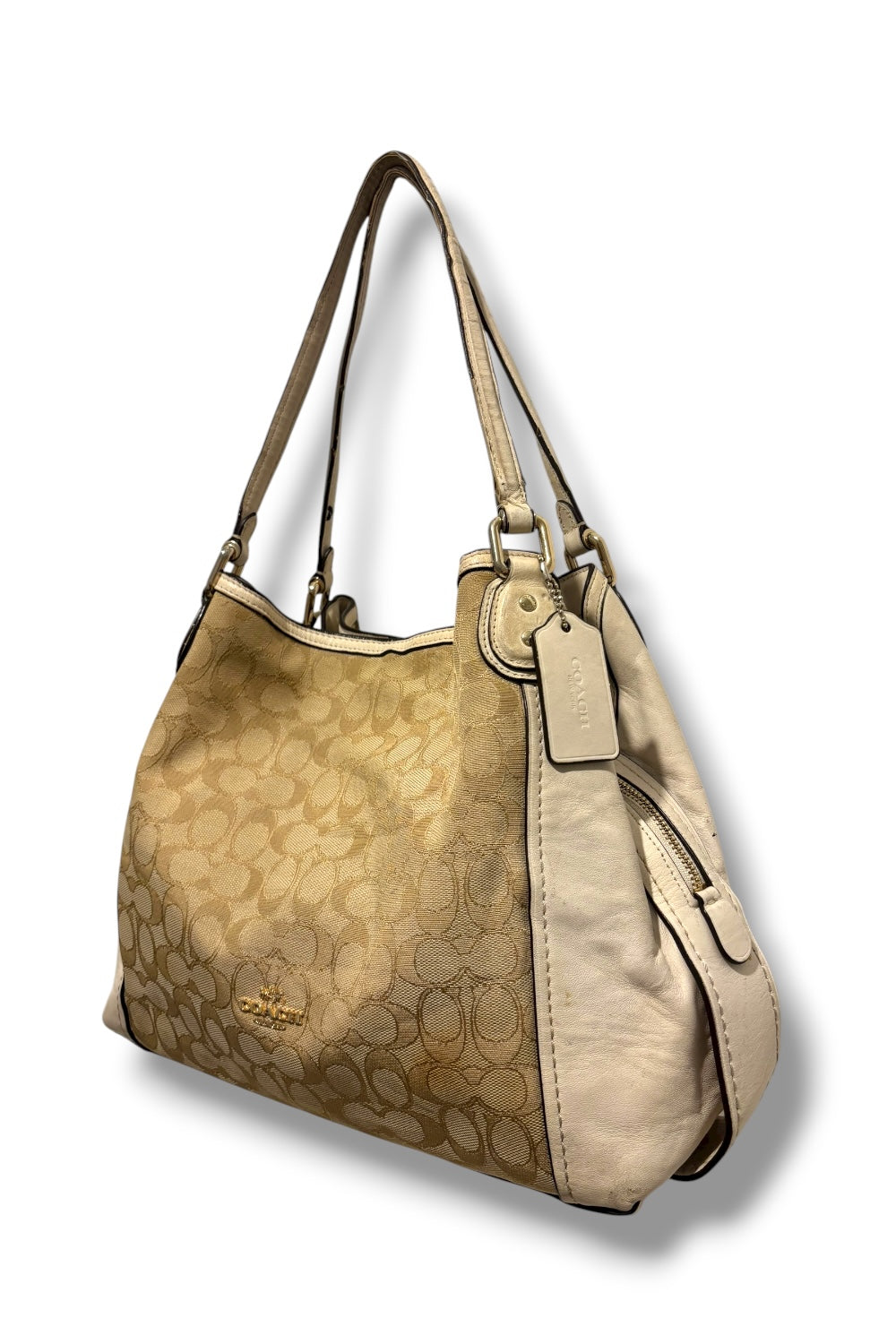 Coach Beige / Khaki & Cream Leather Edie Signature Canvas Large Shoulder Bag