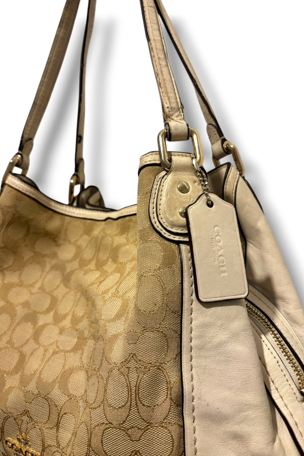 Coach Beige / Khaki & Cream Leather Edie Signature Canvas Large Shoulder Bag
