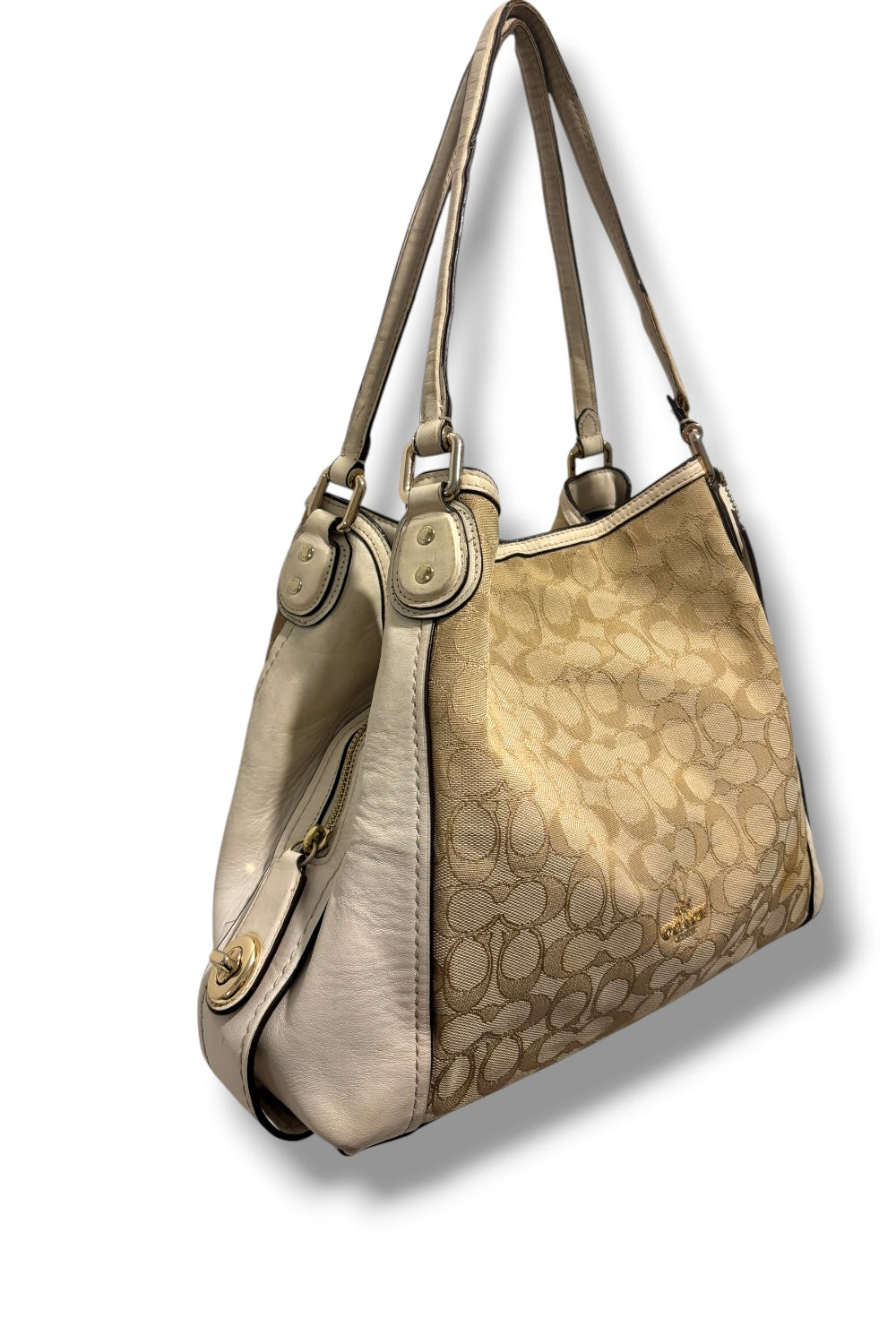 Coach Beige / Khaki & Cream Leather Edie Signature Canvas Large Shoulder Bag