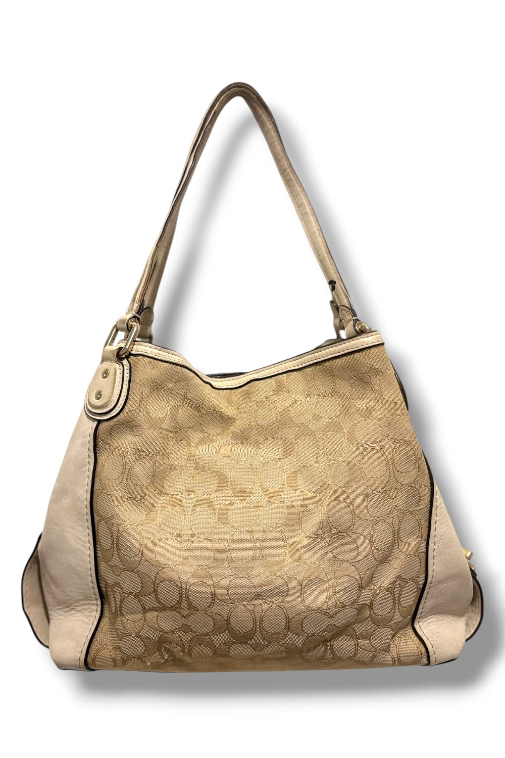 Coach Beige / Khaki & Cream Leather Edie Signature Canvas Large Shoulder Bag
