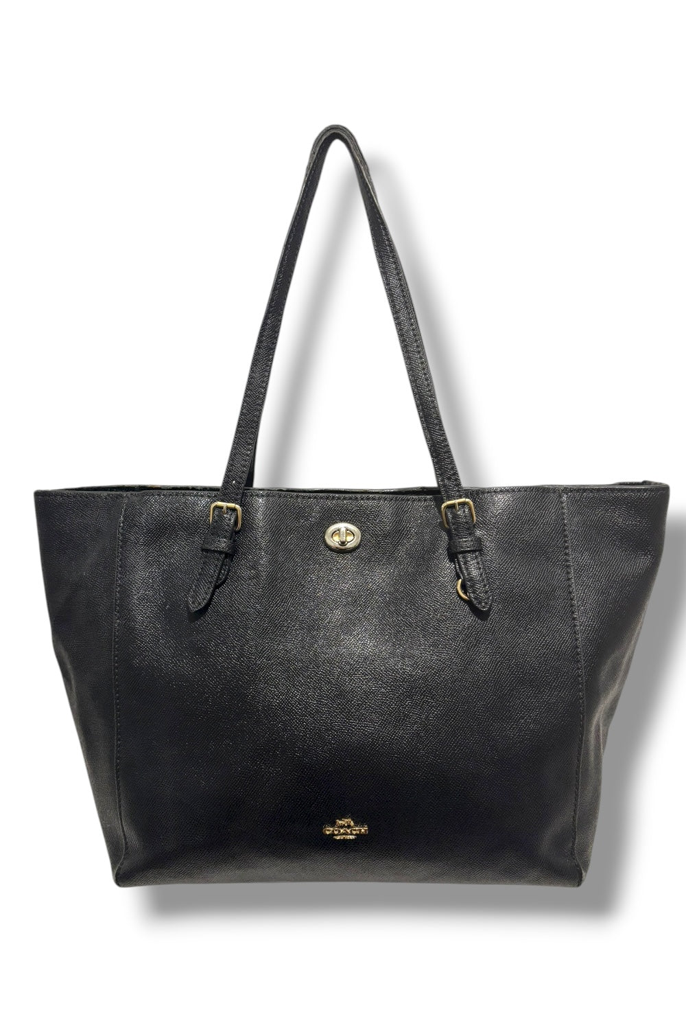 Coach Black Genuine Leather Turn lock Large Gold Hardware Tote Shoulder Bag