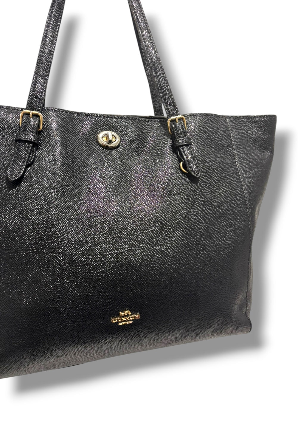 Coach Black Genuine Leather Turn lock Large Gold Hardware Tote Shoulder Bag