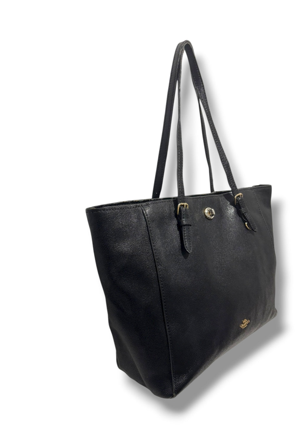 Coach Black Genuine Leather Turn lock Large Gold Hardware Tote Shoulder Bag