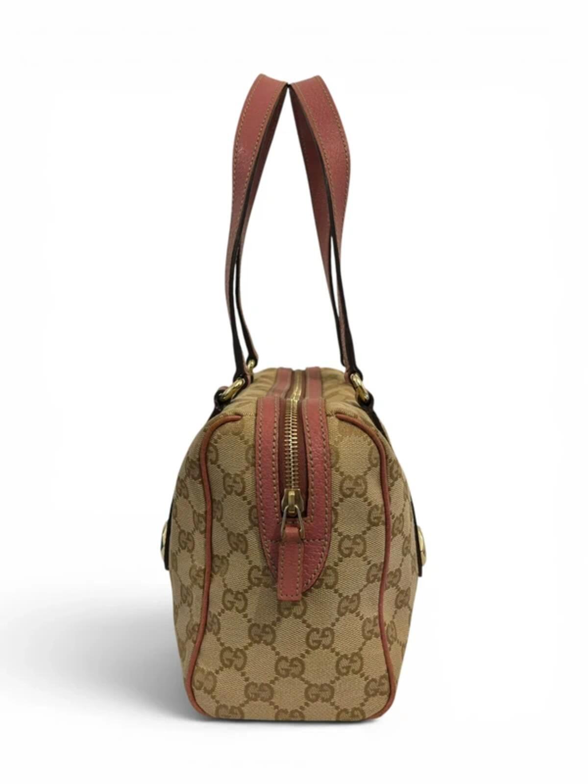 Gucci GG Brown / Beige & Pink Charmy Boston Canvas & Leather Vintage Shoulder Bag