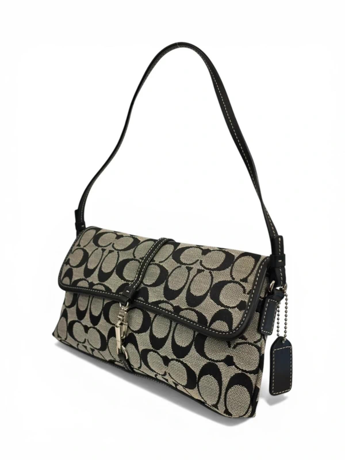 Coach Black & Grey Signature Hampton Clip Canvas & Leather 2000's Shoulder Bag