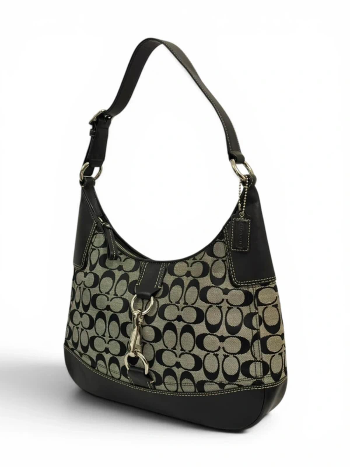 Coach Hamptons Black / Grey Canvas & Leather Clip Vintage Hobo Shoulder Bag