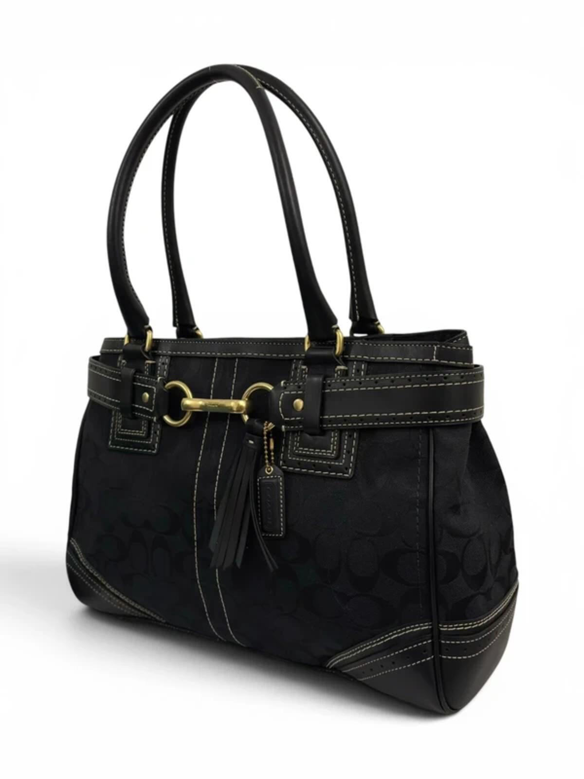 Coach Large Black Hampton Canvas & Leather Clip Tassel Belted Tote Shoulder Bag