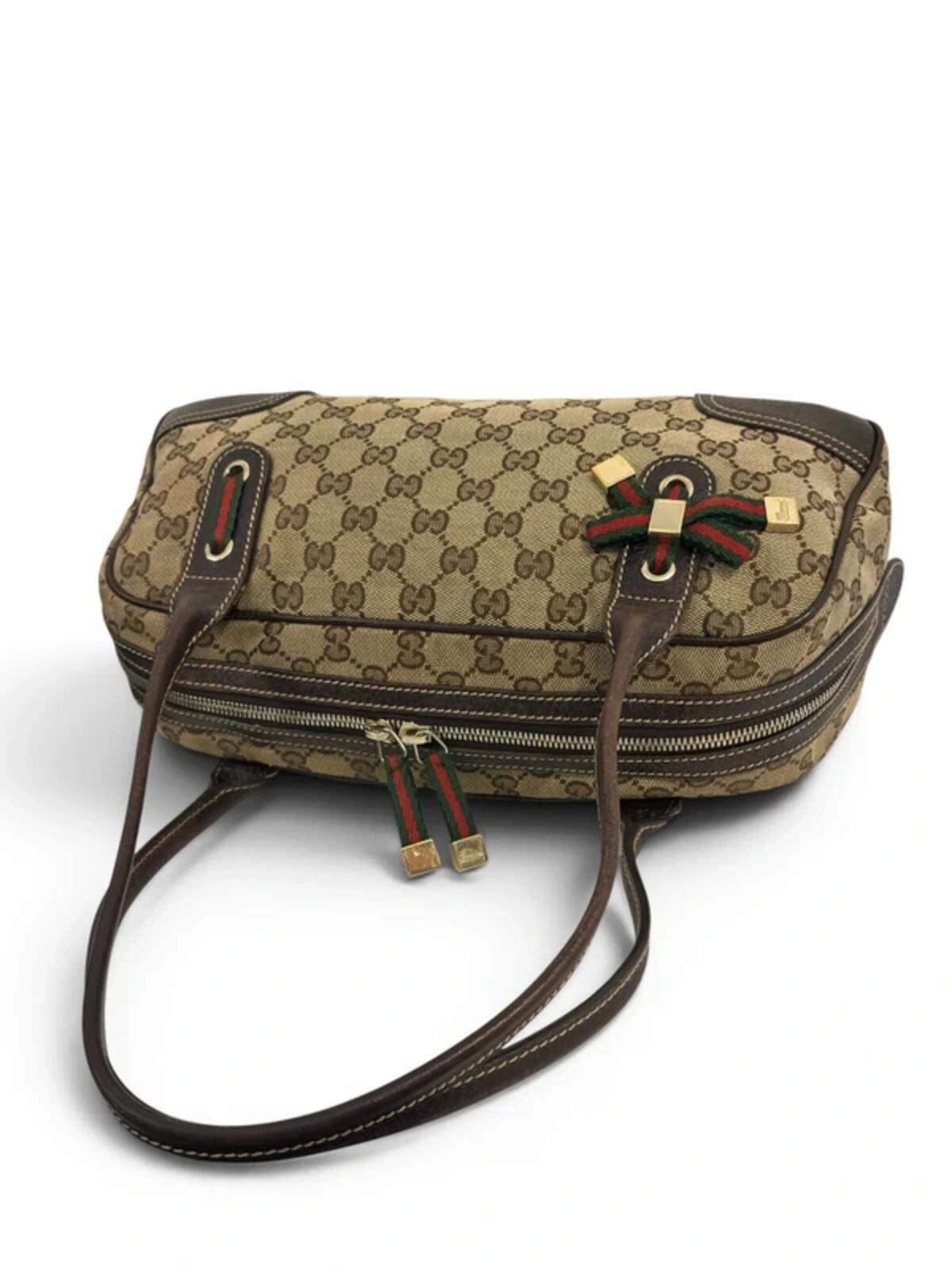 Gucci GG Brown / Beige Princy Boston Canvas & Leather Ribbon Vintage Shoulder Bag