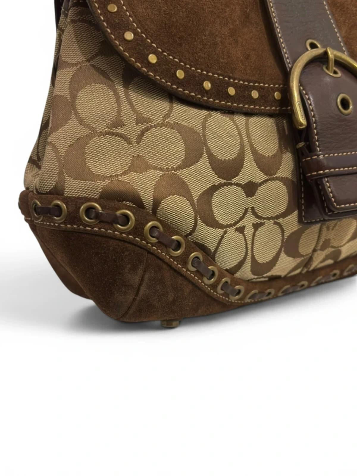 Coach Signature Soho Brown Canvas & Suede Buckle Studded Handbag D04J-7059