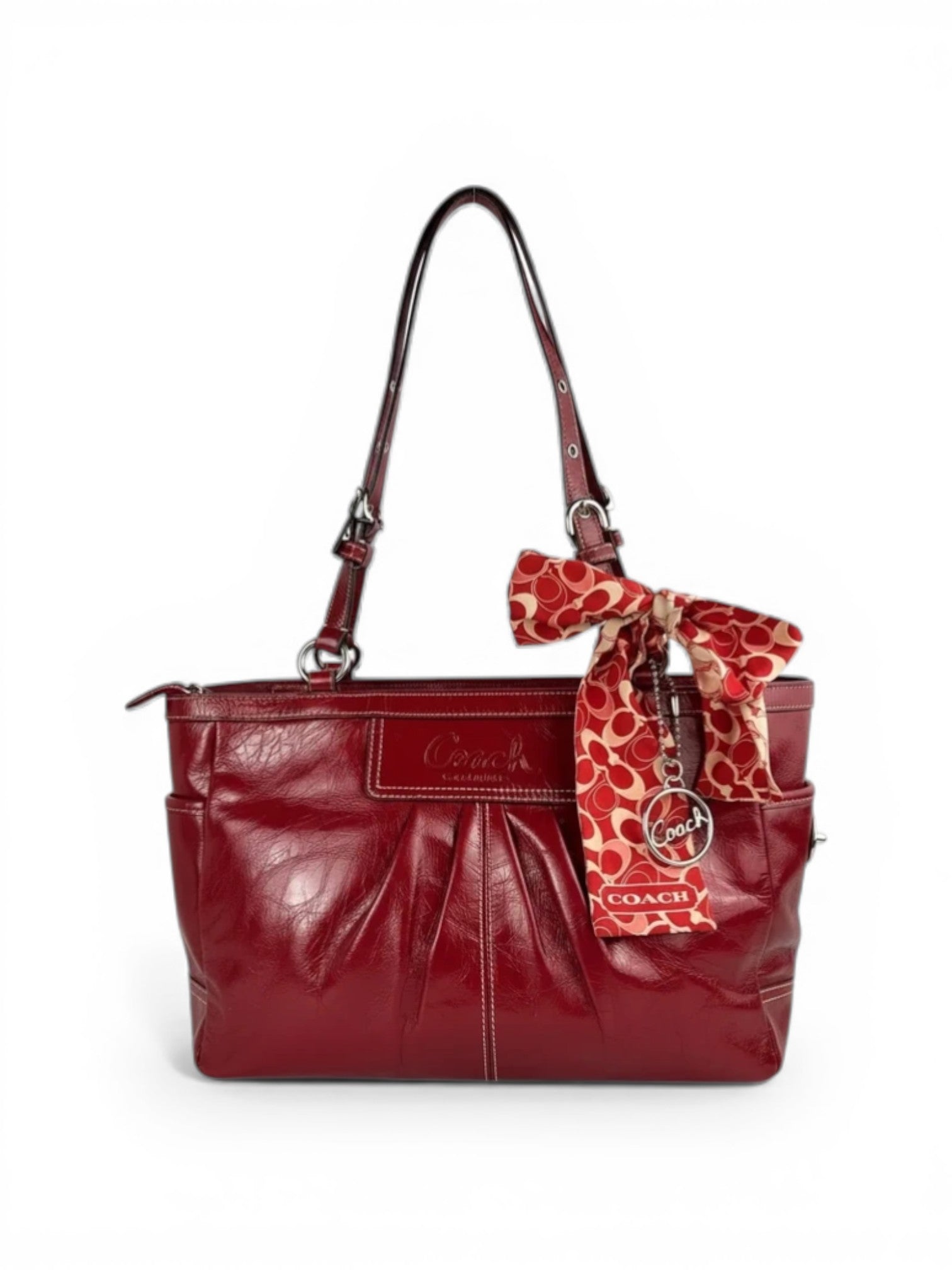 Coach Rare Red Vintage Gallery 2009 Patent Leather Tote Shoulder Bag & Scarf