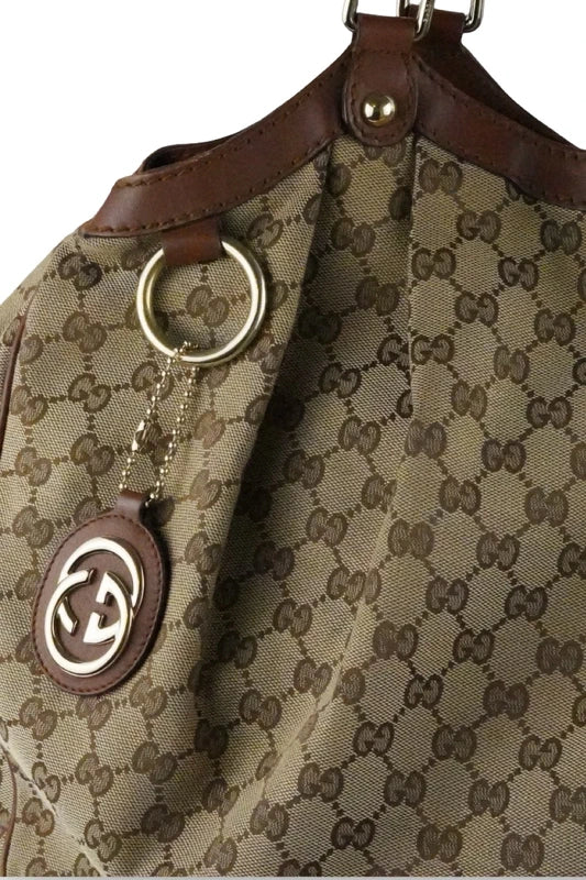 Gucci Brown Sukey Large Canvas & Leather Monogram Tote Shoulder Bag