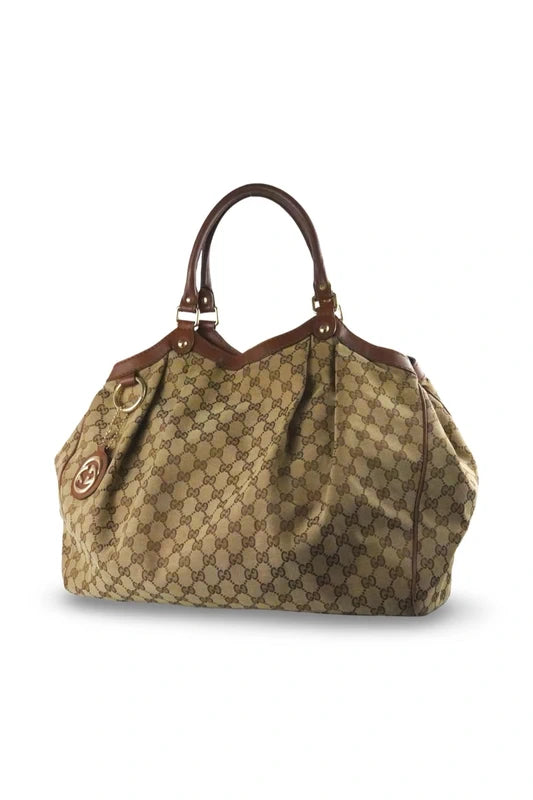 Gucci Brown Sukey Large Canvas & Leather Monogram Tote Shoulder Bag