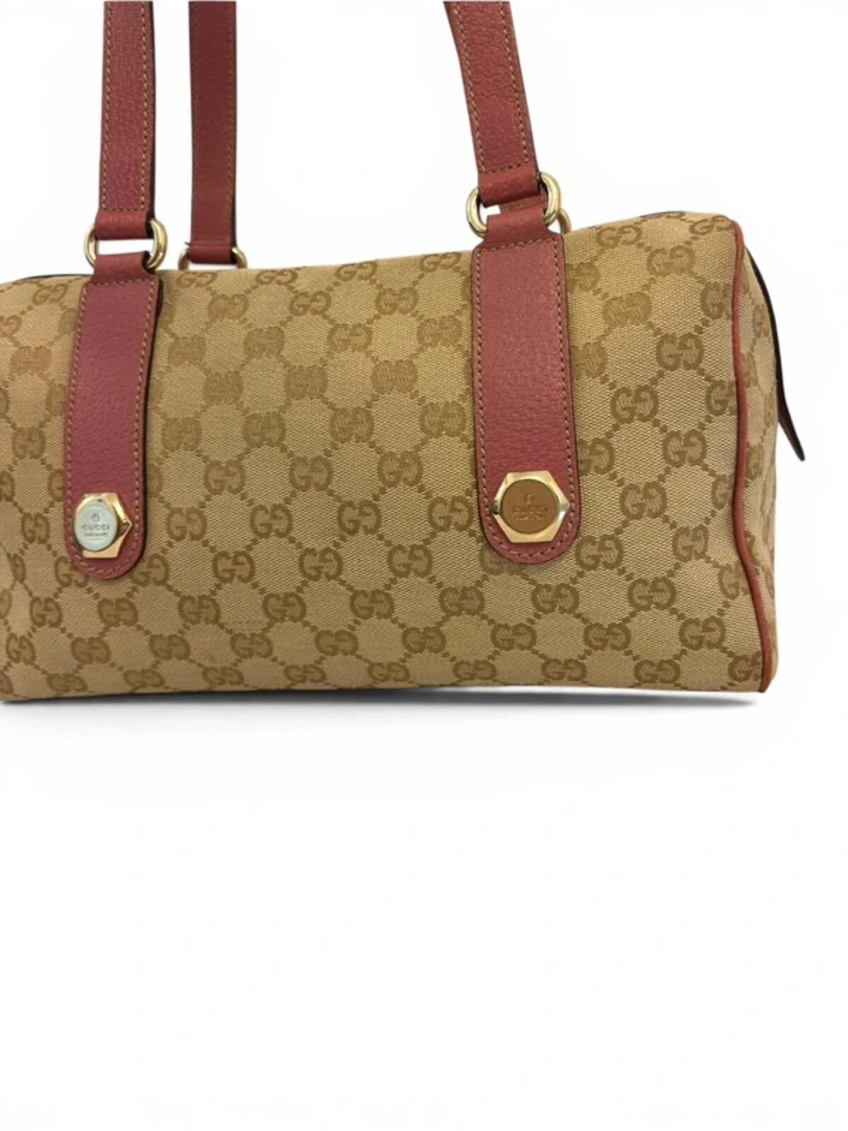 Gucci GG Brown / Beige & Pink Charmy Boston Canvas & Leather Vintage Shoulder Bag