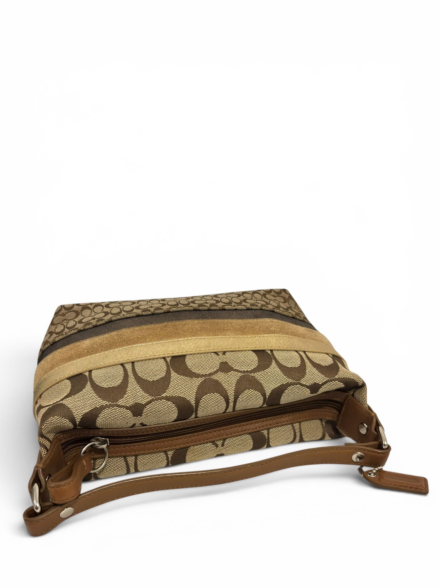 Coach Rare Mini Signature Striped Patchwork Tan Brown Beige Canvas Leather & Suede Vintage
Handbag