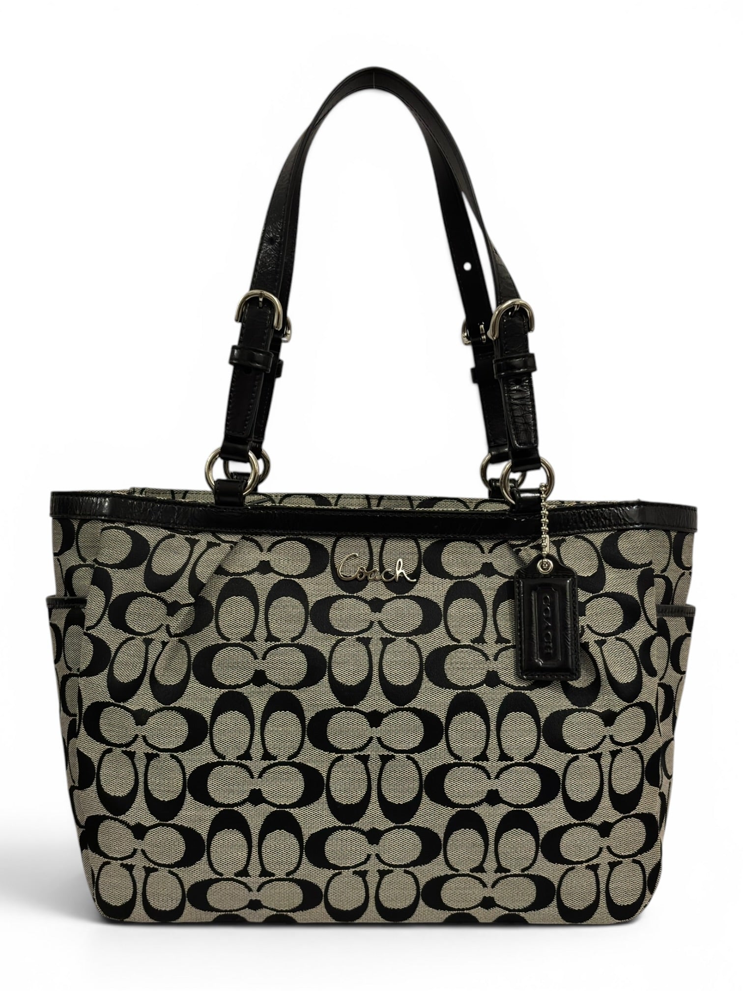 Coach Signature Black & Grey / Khaki Gallery East West Pleated Tote Shoulder Bag