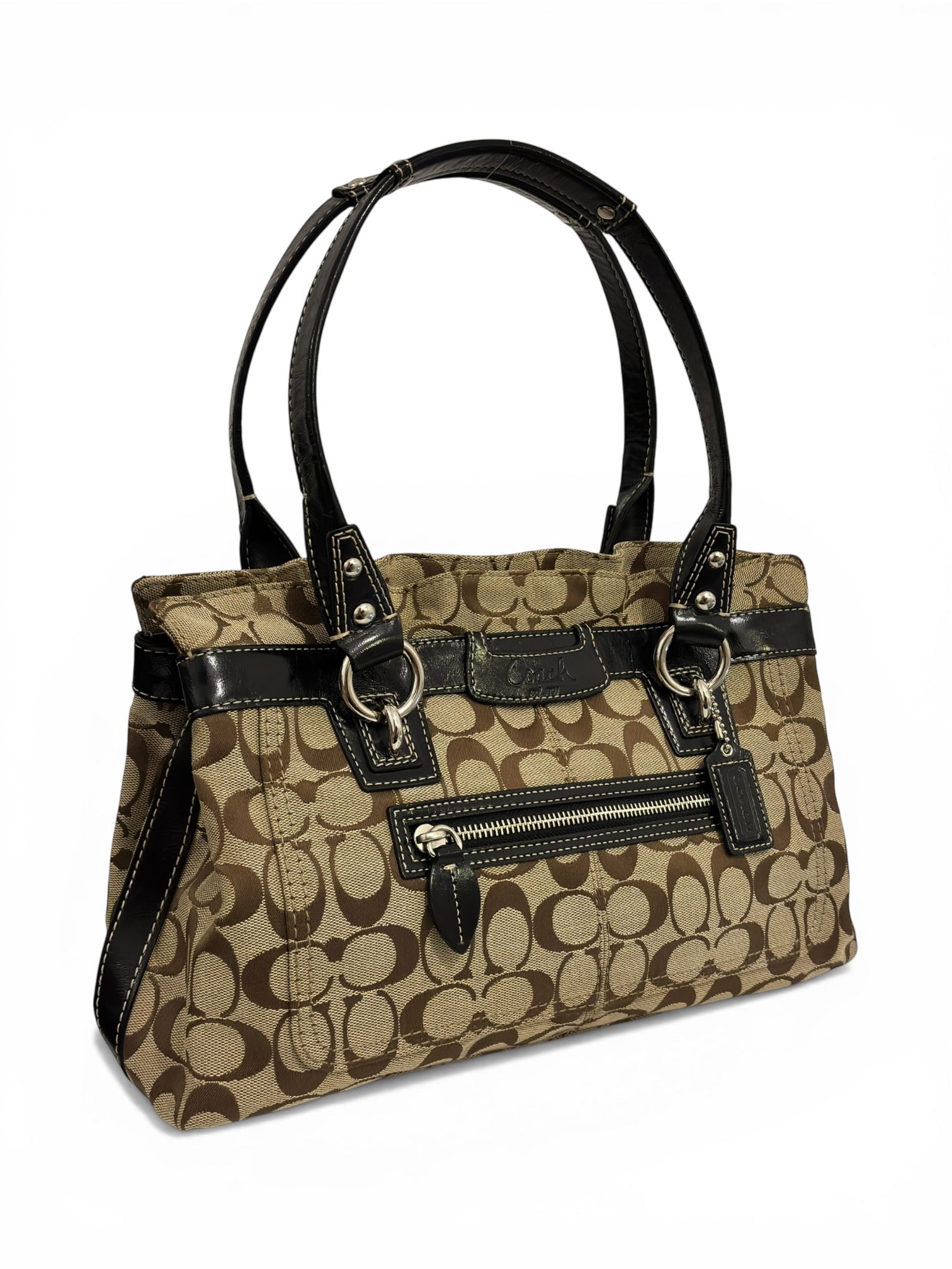 Coach 'Penelope' Signature Brown Canvas & Patent Leather Vintage Shoulder Bag