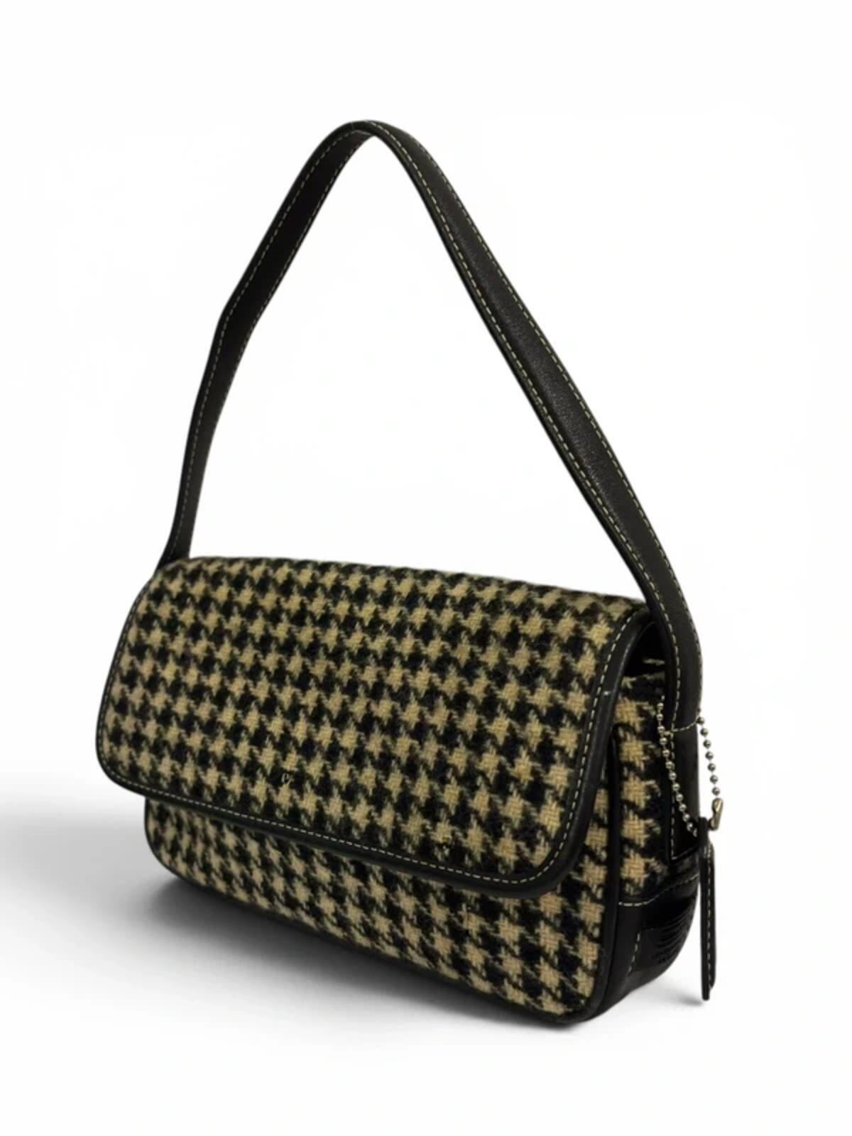 Coach Black & Beige Demi Houndstooth Wool Tweed & Leather Vintage Shoulder Bag