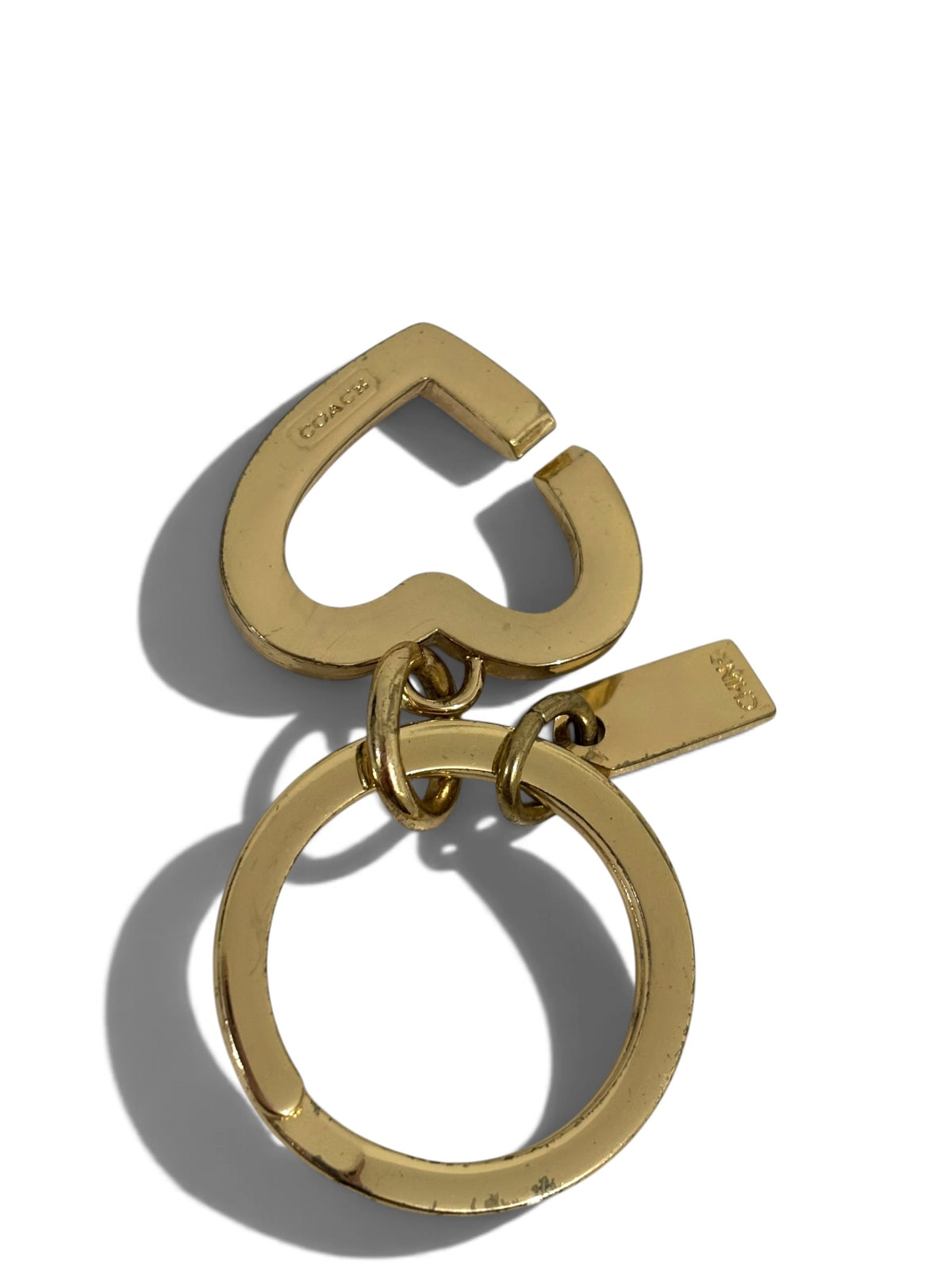 Pre-Owned Coach Heart Bag Charm Keyring Gold Tone Logo Pendant